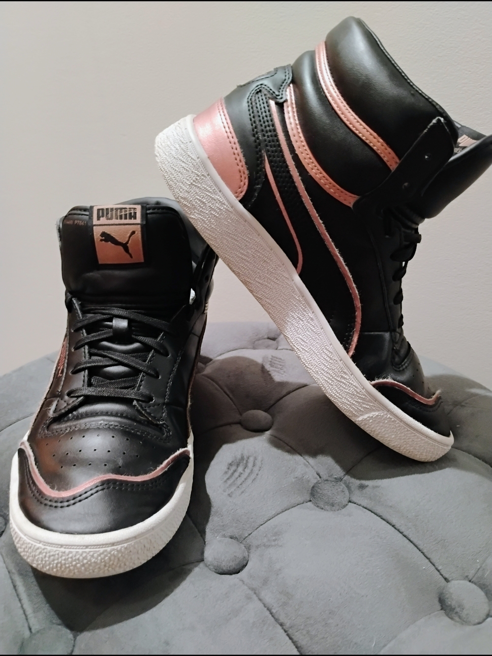 Puma Ralph Sampson High-Top Sneakers in Black with Rose Gold Accents